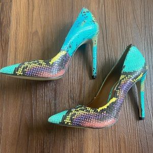 Aqua blue multicolor snakeskin Proto heels pumps